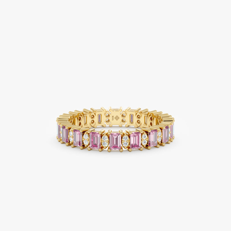 yellow gold eternity band with sapphire and diamond