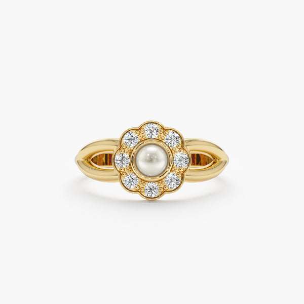 natural pearl and diamond flower ring in yellow gold