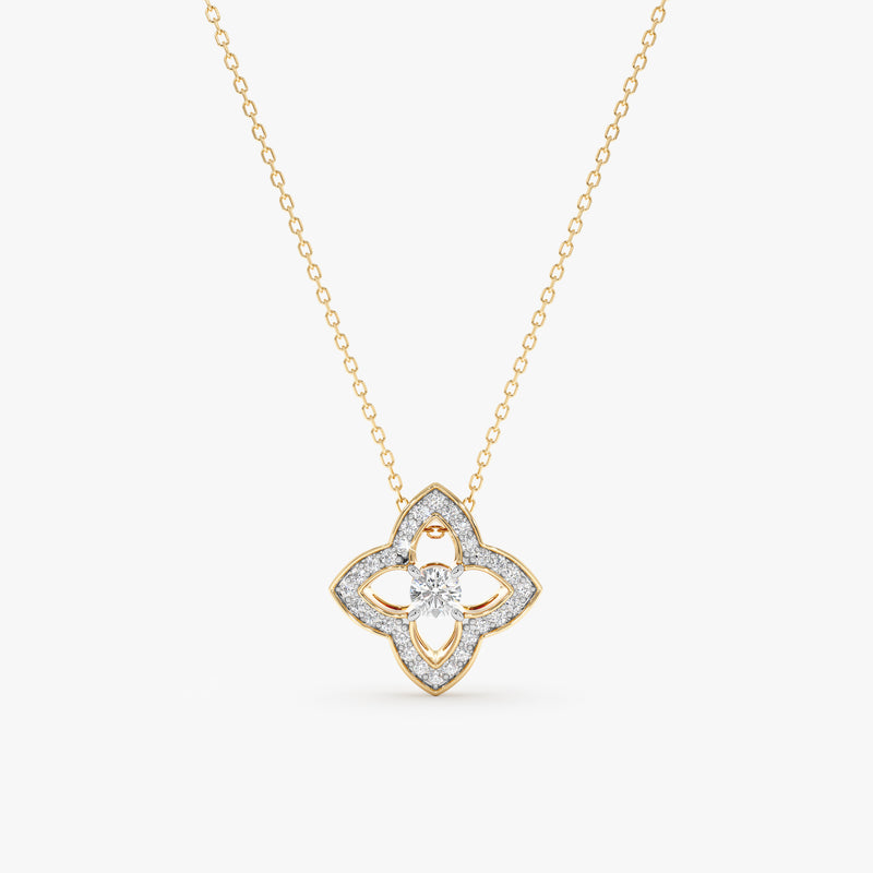White Diamond Clover Necklace in Yellow Gold