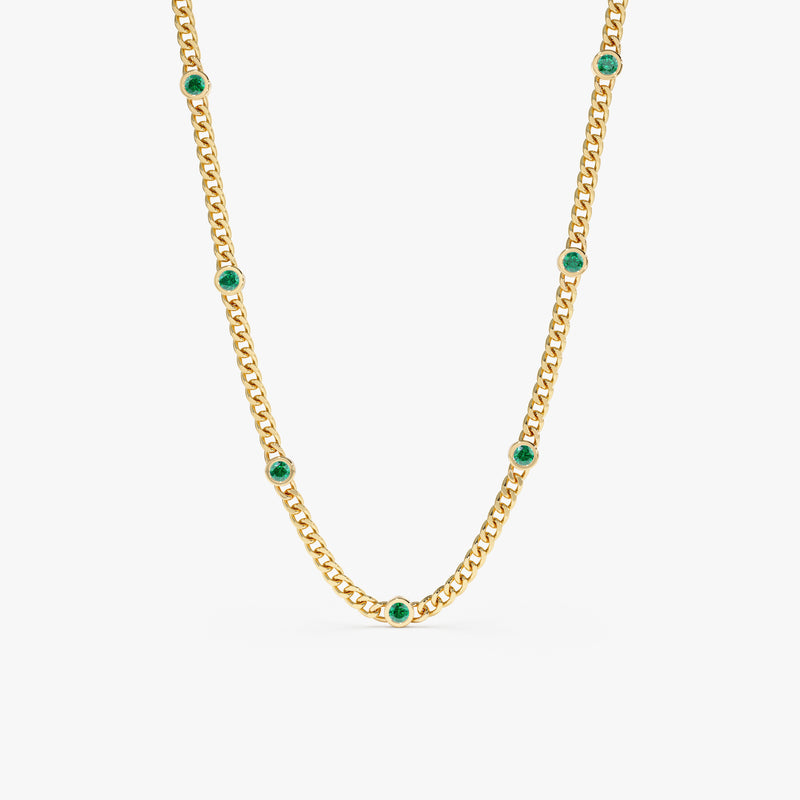 solid yellow gold multi emerald station cuban chain