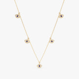 handcrafted solid 14k gold multiple hanging eye charm necklace in natural diamonds and blue sapphire