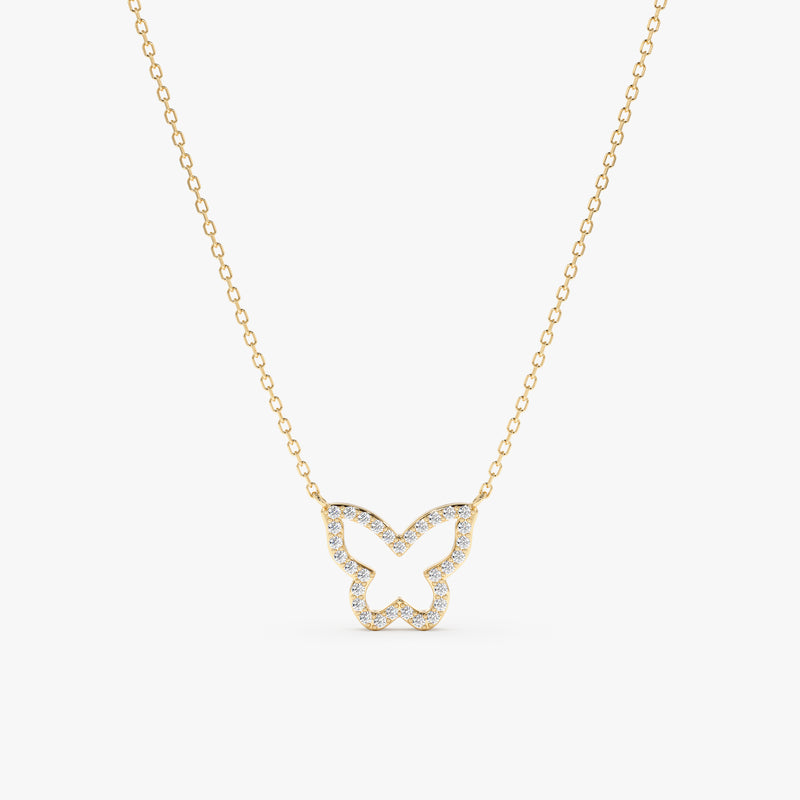 solid 14k gold butterfly cutout necklace with lined diamonds