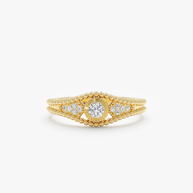 round diamond beaded ring in solid gold