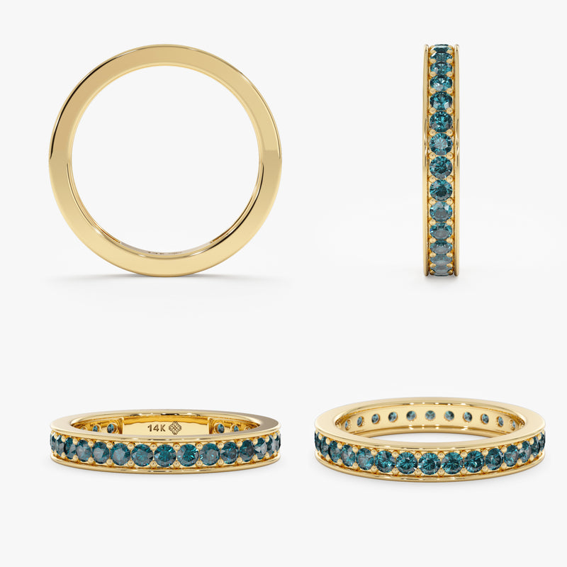 14k solid yellow gold teal sapphire eternity ring