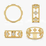 milgrain set double band yellow gold ring with diamond clovers