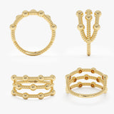 Three in One Twisted Band, Beaded Station Ring in Yellow Gold