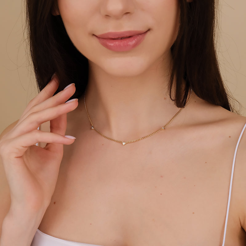 dainty three diamond station cuban chain necklace in solid gold