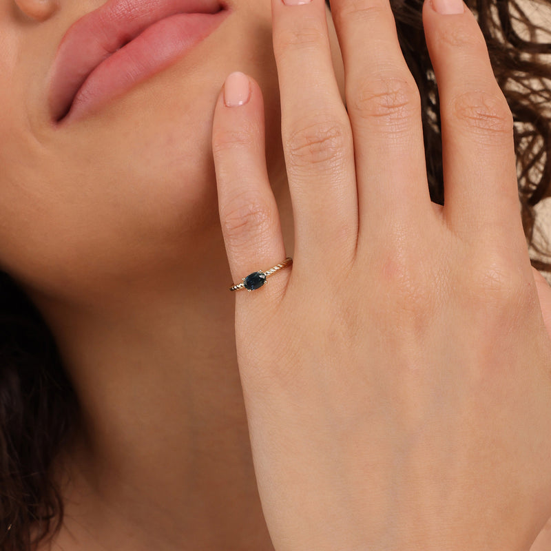 oval cut natural blue teal sapphire in 14k solid gold twisted ring 