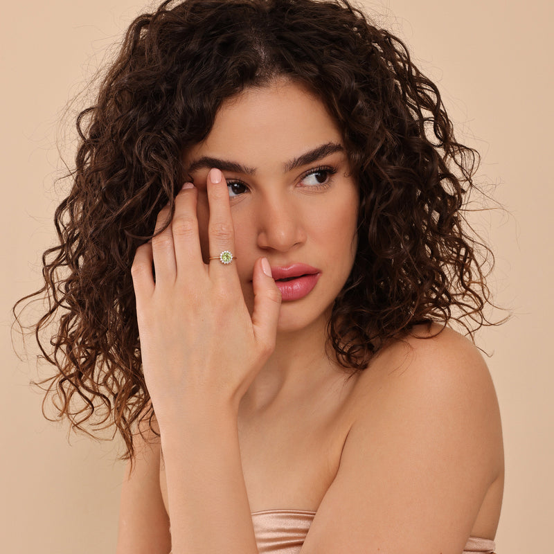 natural peridot ring with diamonds in 14k solid gold 