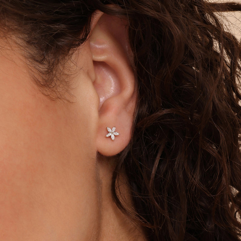 marquise cut flower diamond studs in white gold