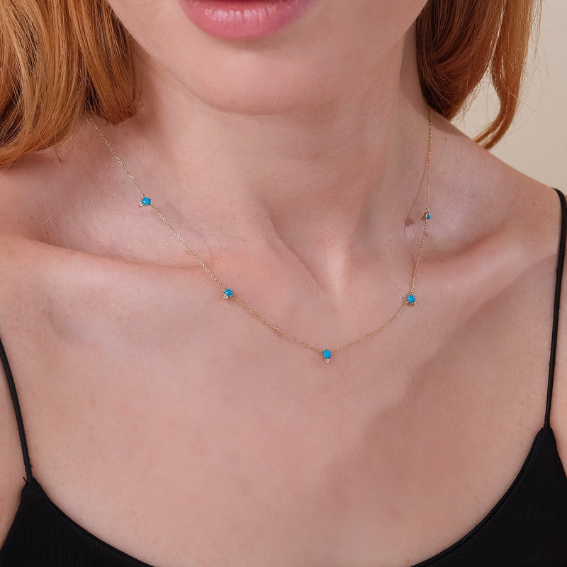 minimalist white diamond and turquoise station necklace in solid gold 