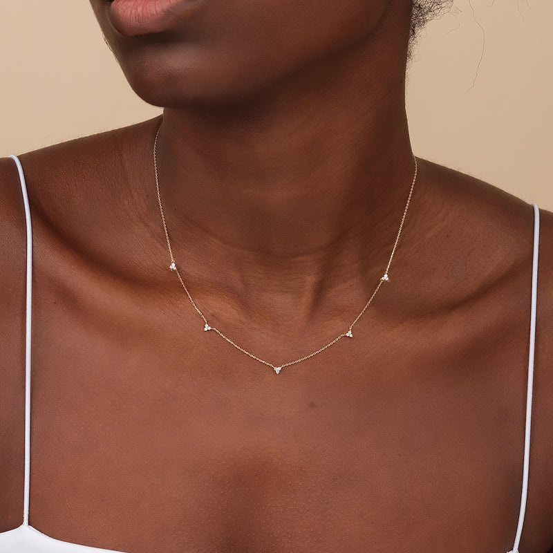 dainty solid gold necklace with triple diamond clusters for her