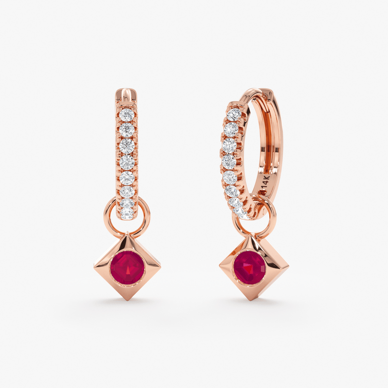 diamond hoops with ruby earring charms in rose gold