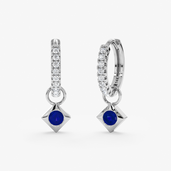 mini diamond hoops with sapphire earring charms in white gold