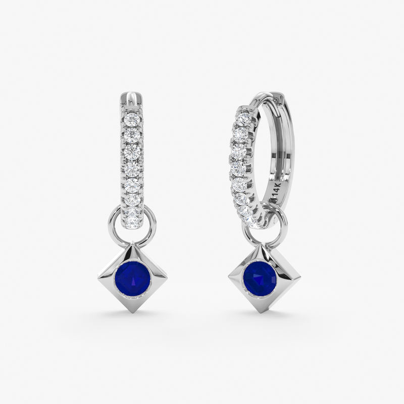 mini diamond hoops with sapphire earring charms in white gold