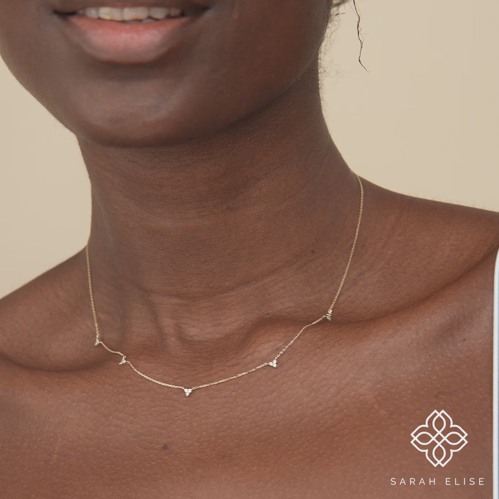 dainty solid gold diamond cluster station necklace for her