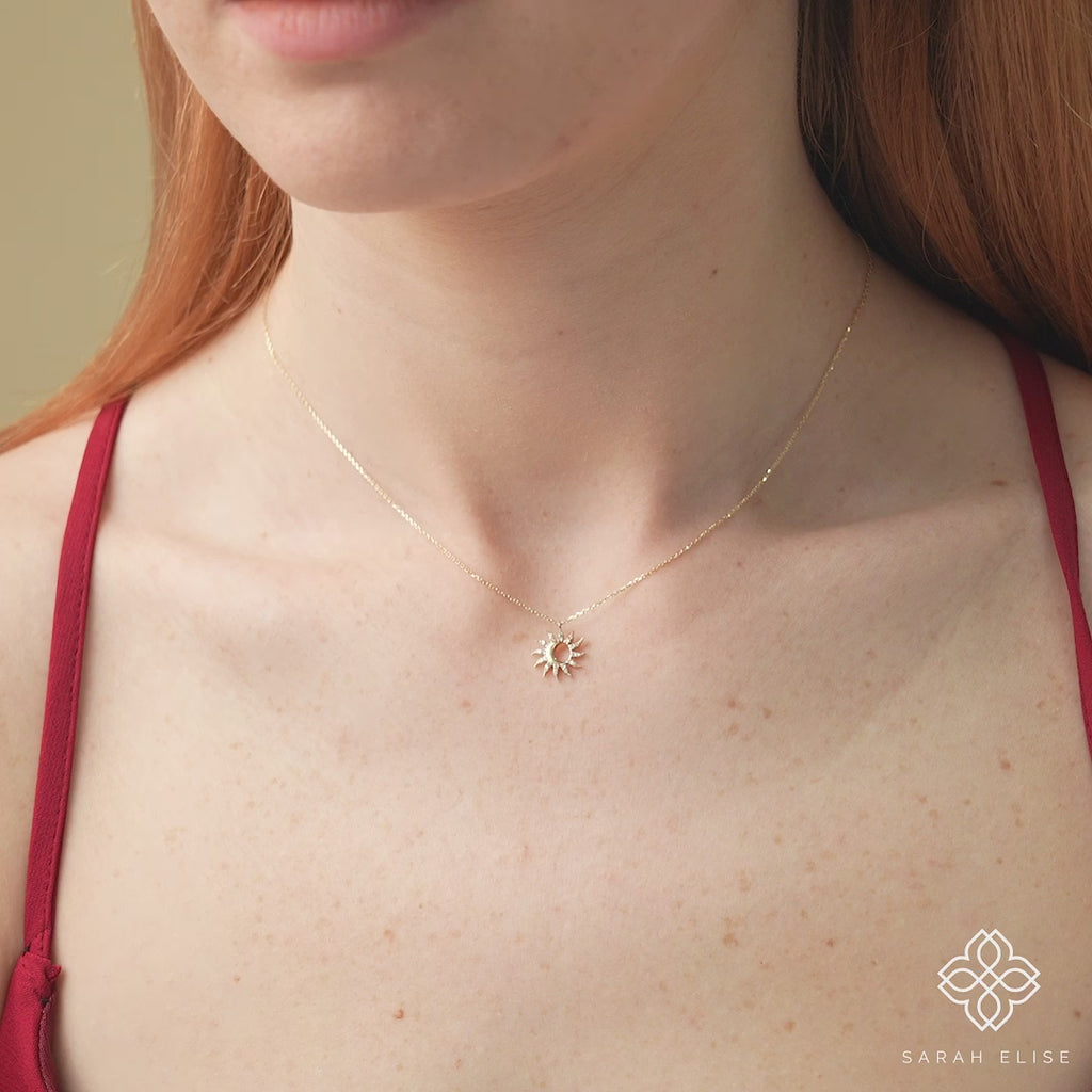 minimalist solid yellow gold sun and moon diamond paved pendant necklace