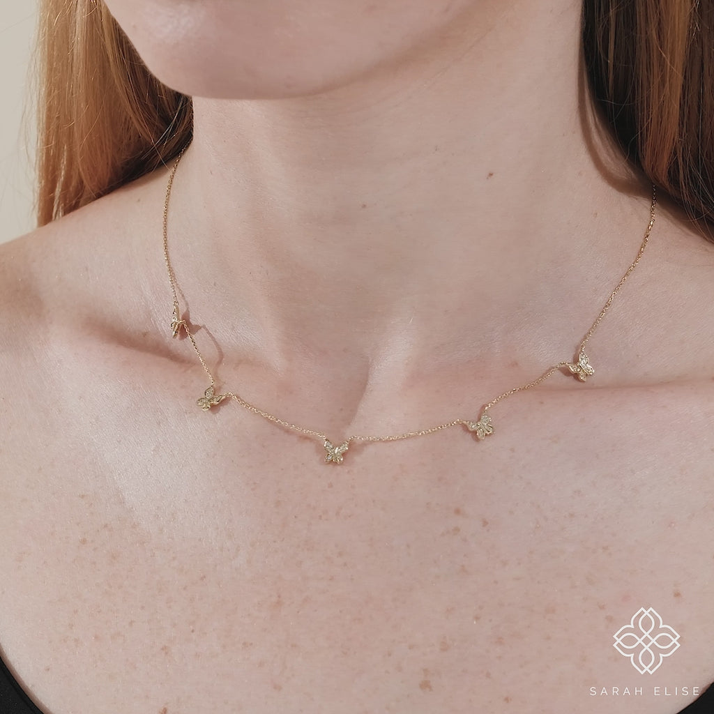 dainty solid gold necklace with diamond butterflies for her