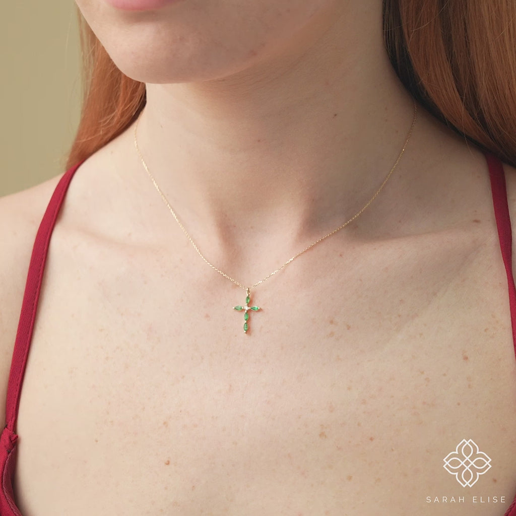 minimalistic natural emerald cross pendant for her