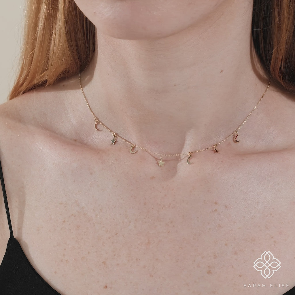 dainty moon and star charm necklace in solid gold for her