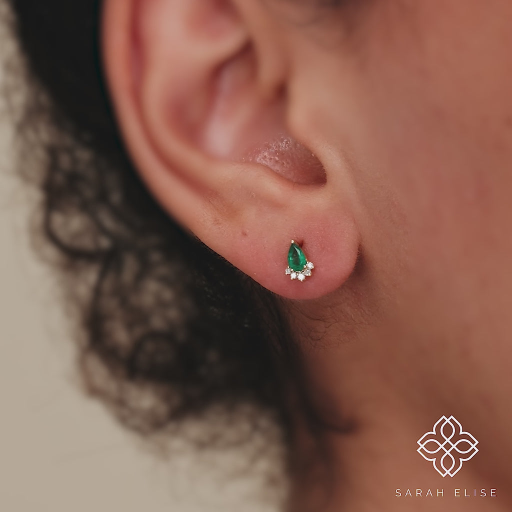 solid 14k natural pear-cut emerald stud earrings with diamonds for her