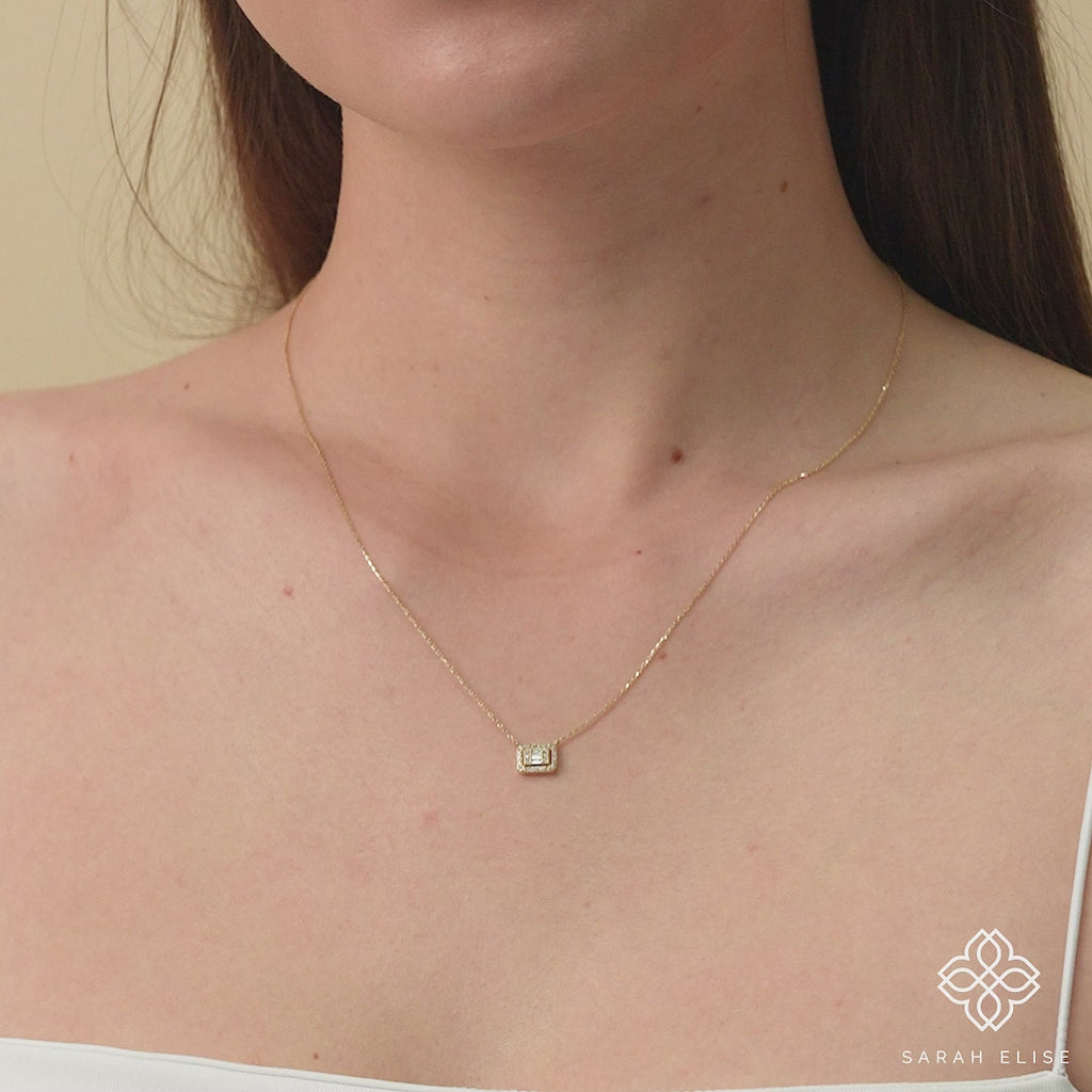 dainty white diamond geometric pendant in solid gold necklace for her