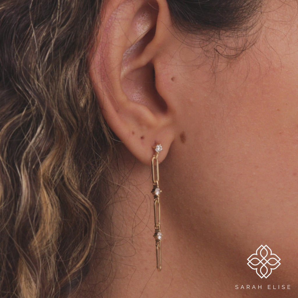 prong set triple diamonds on paperclip chain drop earrings