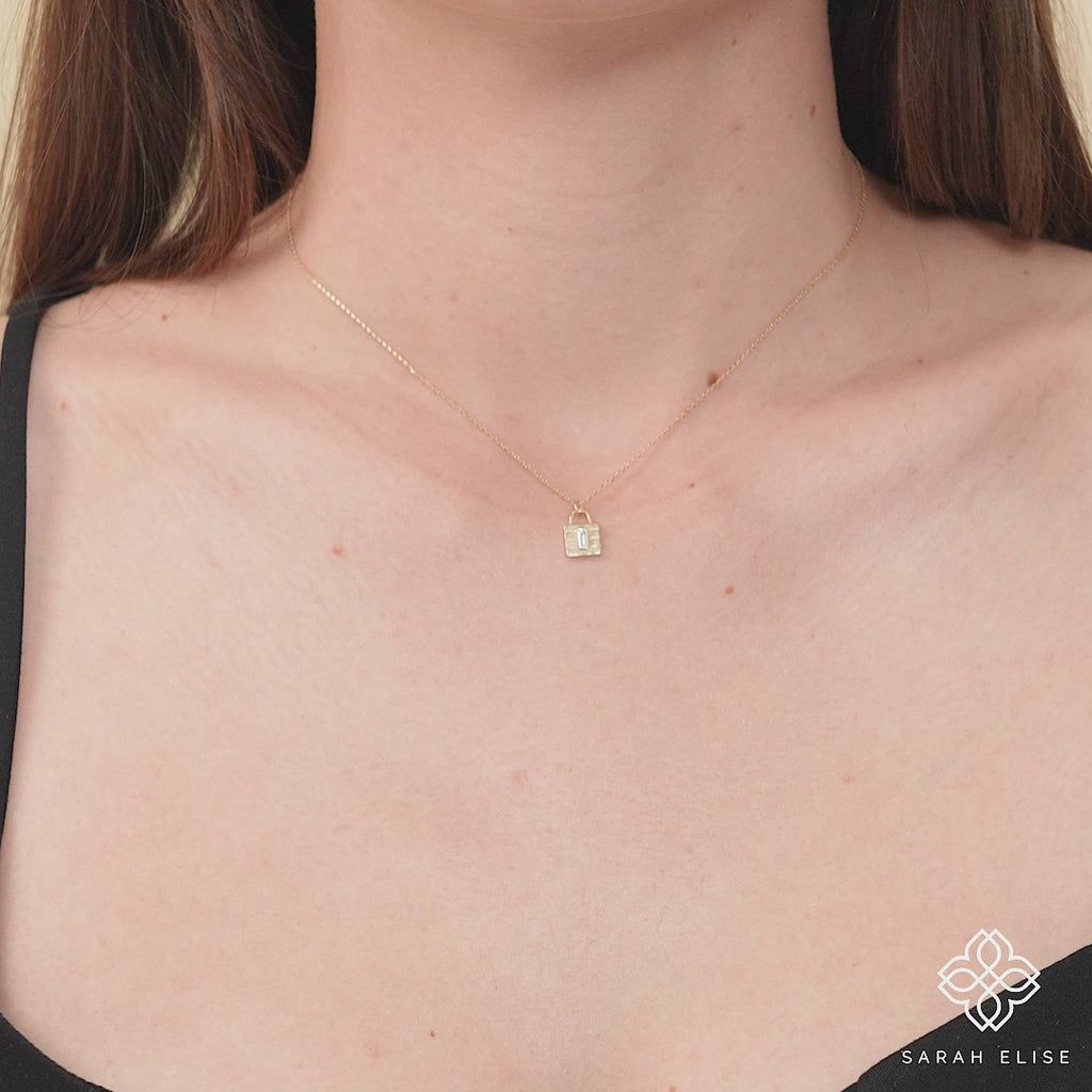 Padlock necklace, diamond accent, solid gold, symbolic jewelry