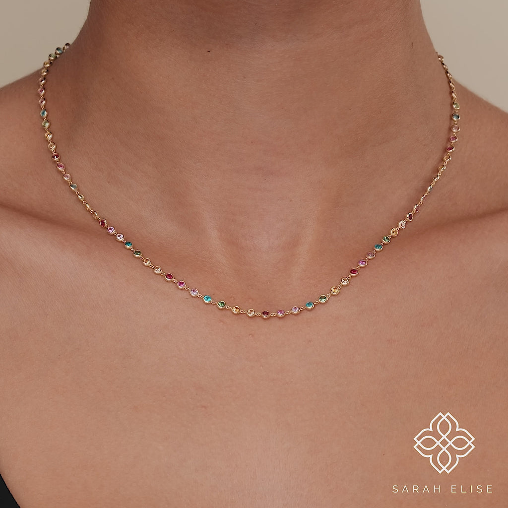dainty solid gold rainbow tennis necklace for her