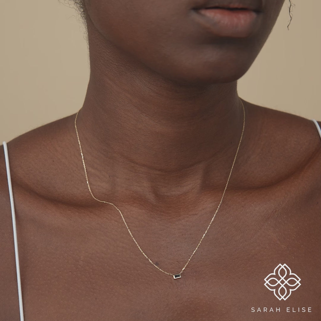 minimalist black diamond baguette solid gold necklace for her