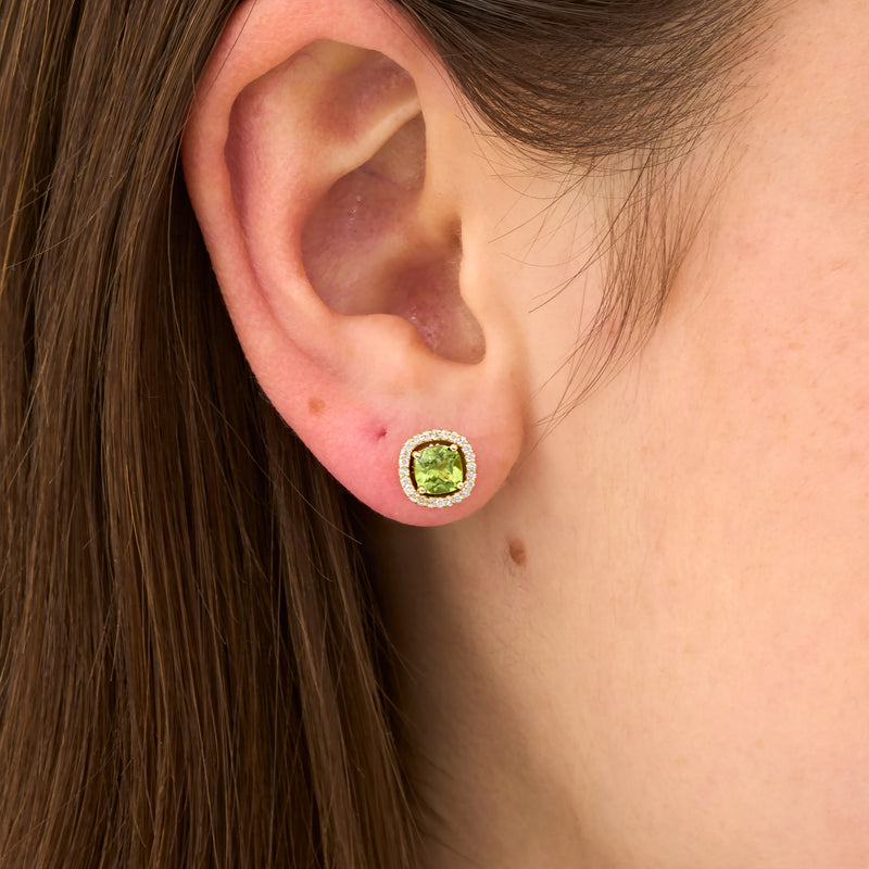 Natural Peridot Studs with Diamond Halo, Elswyth