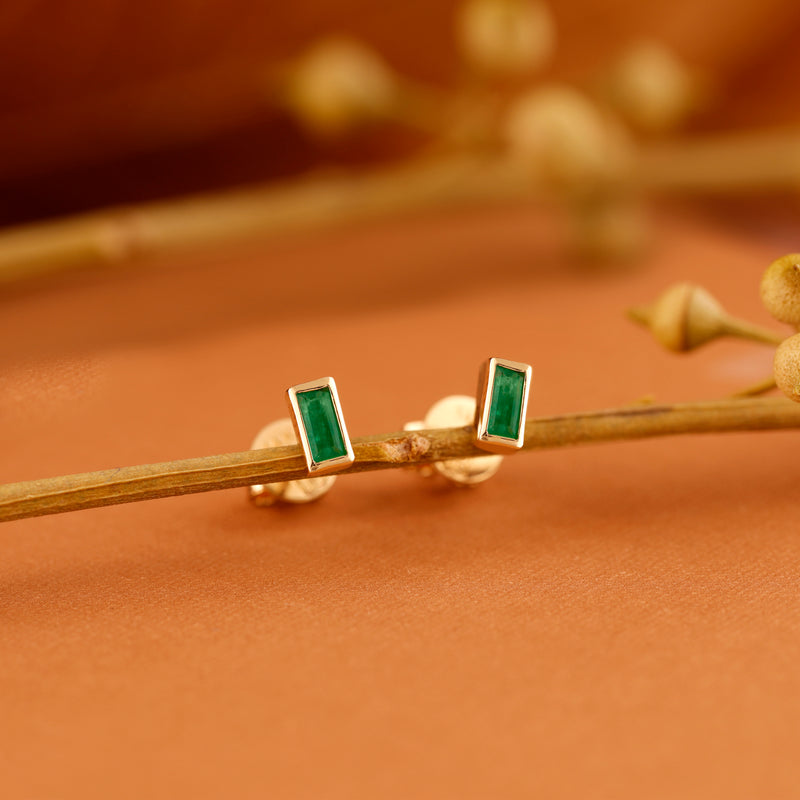 Dainty handmade Baguette cut Emerald stone Earrings in solid 14k gold