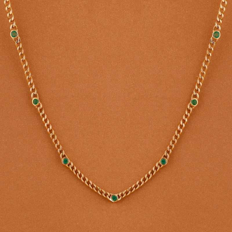 Bezel natural Emerald Cuban Chain station Necklace