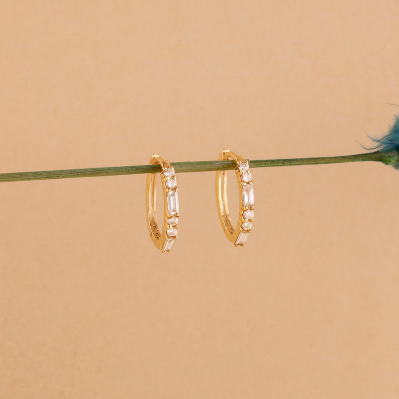 dainty solid Yellow Gold hoops with baguette round Diamond