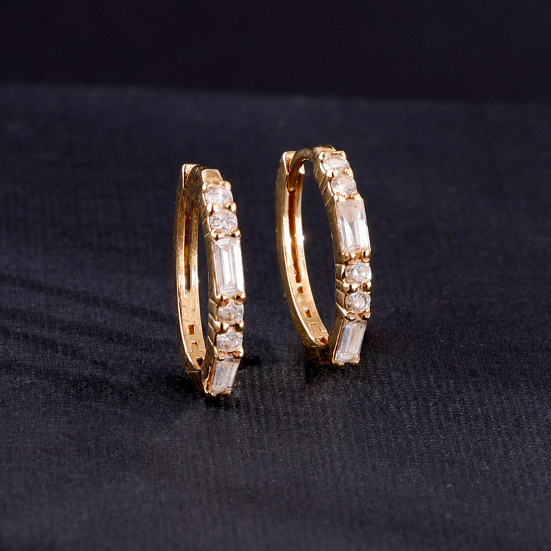 Baguette and Round Diamond Hoop Earrings in solid gold for her