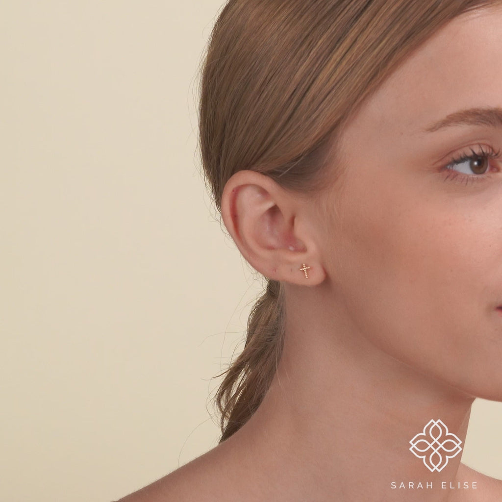 Handmade dainty solid Gold Cross stud Earrings