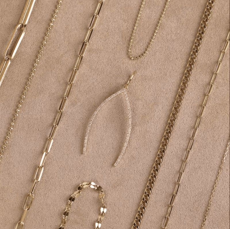 Diamond Wishbone Charm and Solid Gold Necklace Chains