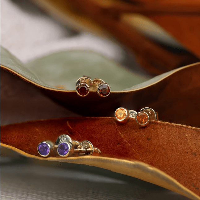 Garnet, Citrine and Amethyst birthstone bezel Stud earrings