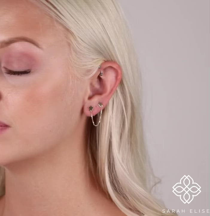 Handmade Solid Gold Star stud Earrings with hanging chain