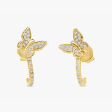 Handmade pair of solid 14k gold diamond butterfly hoop huggie lined with paved diamonds