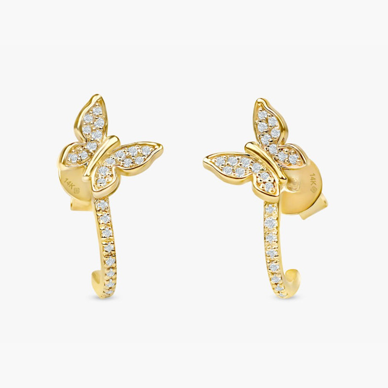 Handmade pair of solid 14k gold diamond butterfly hoop huggie lined with paved diamonds