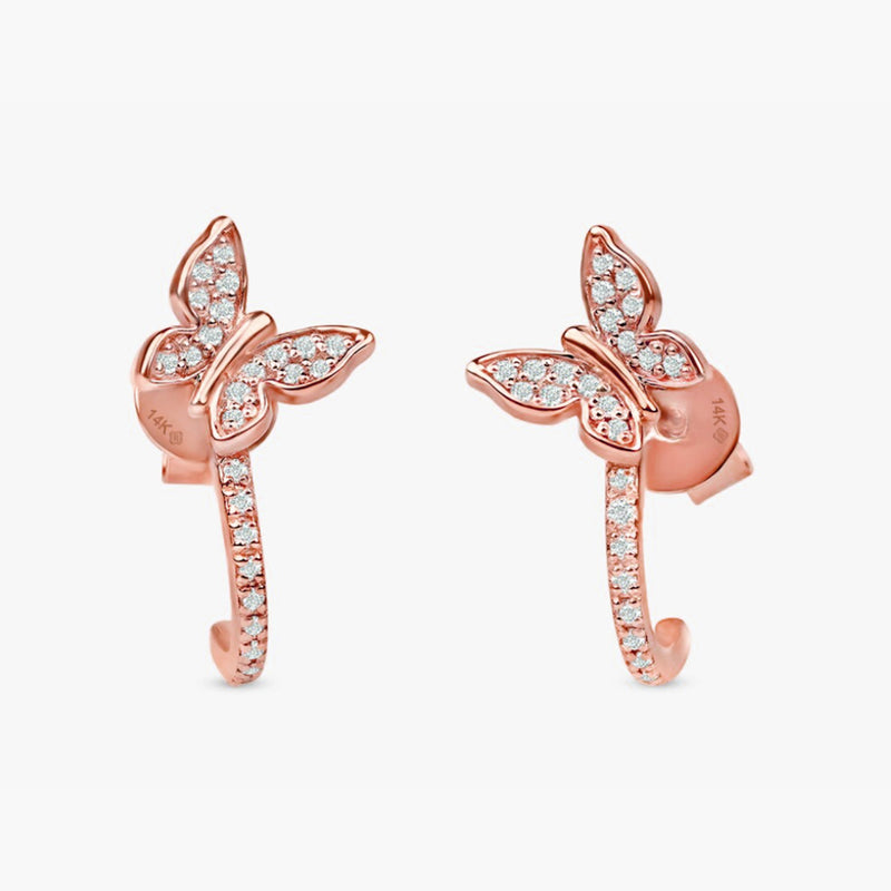 Handcrafted pair of solid 14k rose gold diamond paved butterfly hoop huggie earrings