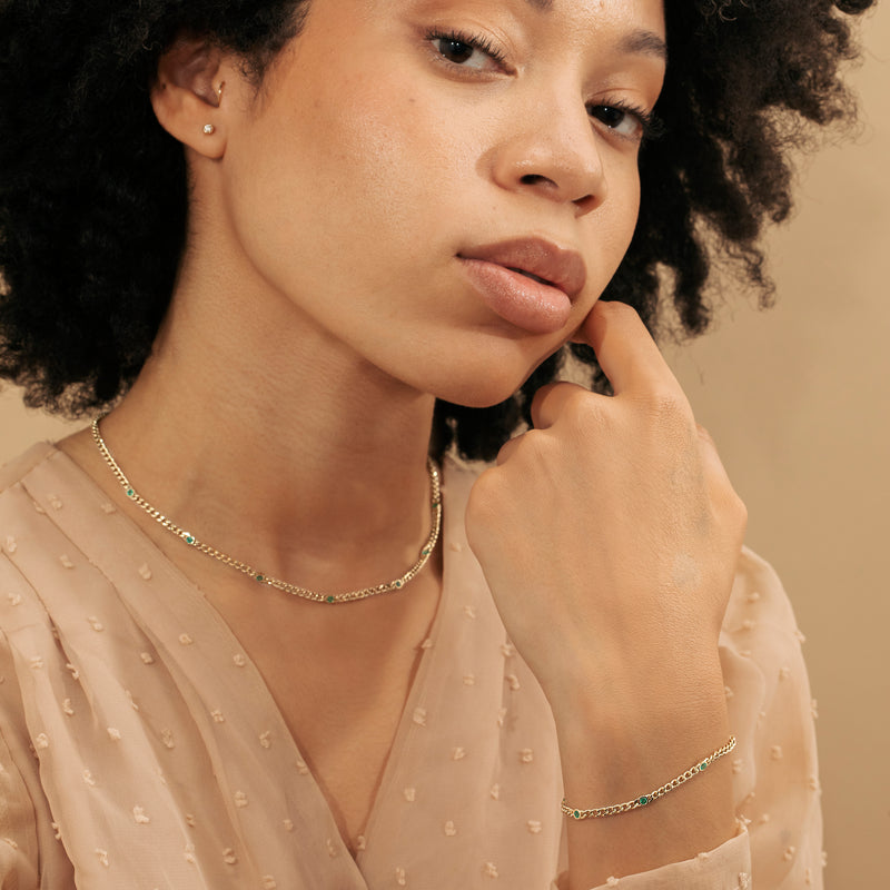 Bezel Emerald Station Necklace Bracelet Set for her in solid gold