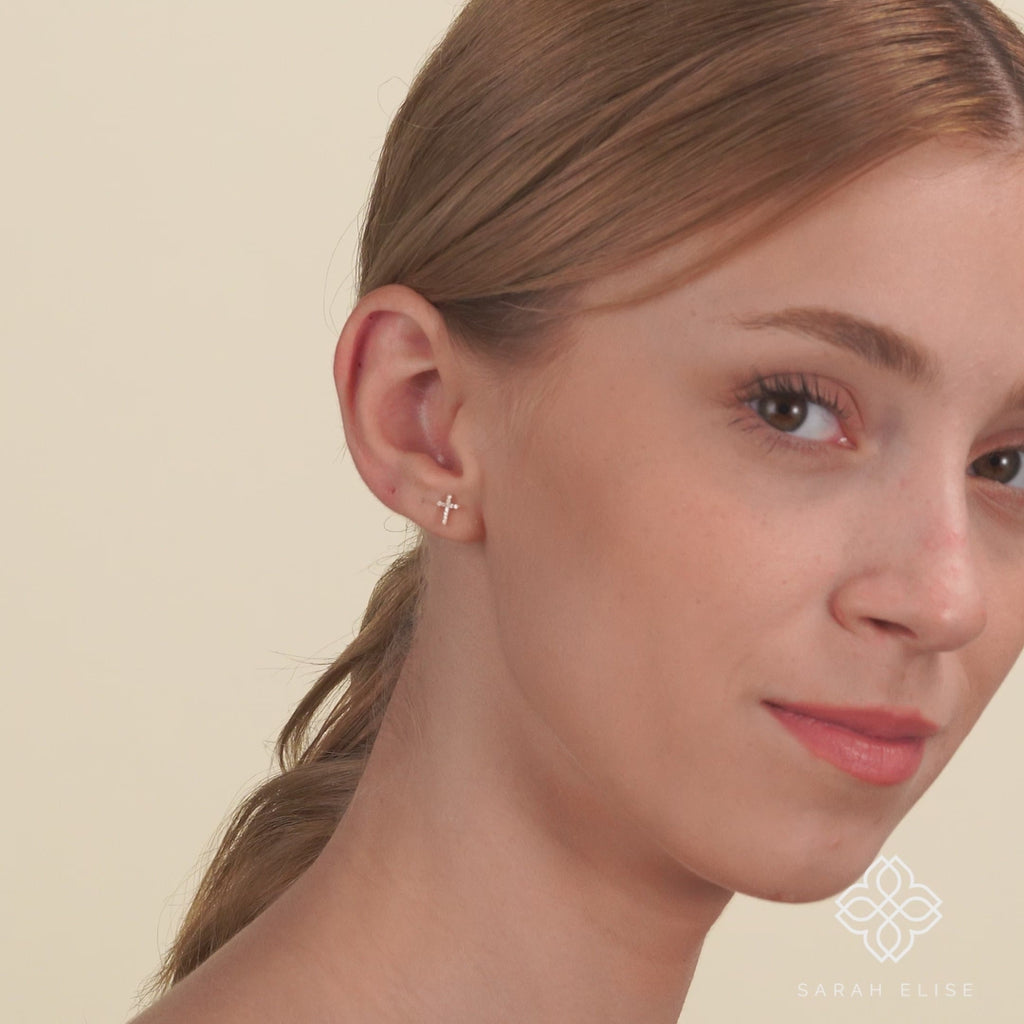 Dainty Diamond and Gold Cross Earrings for her 