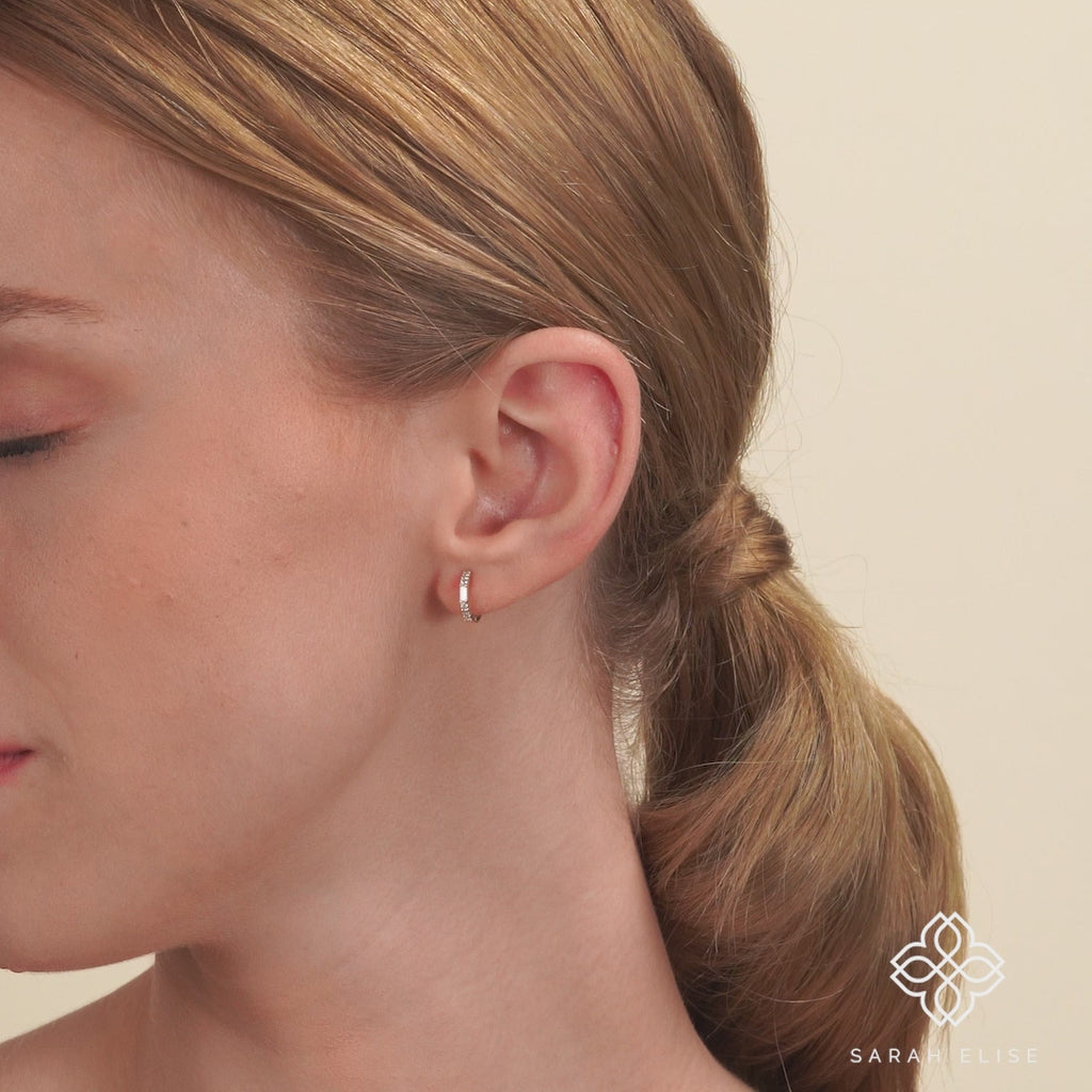 Handmade Minimalistic baguette Diamond filled Gold Hoop huggies