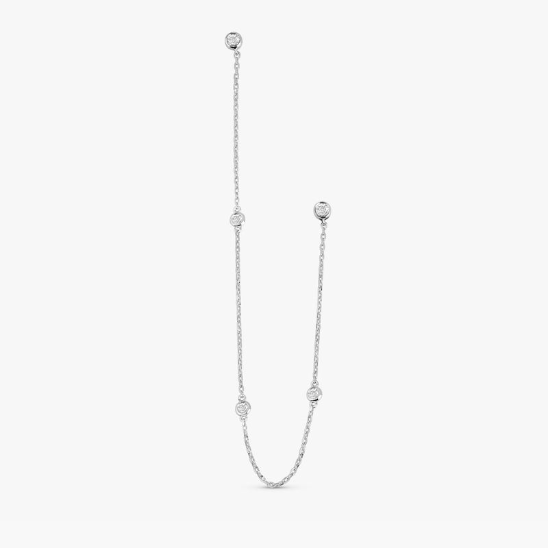 handcrafted multiple bezel hanging diamond chain ear studs in solid 14k white gold