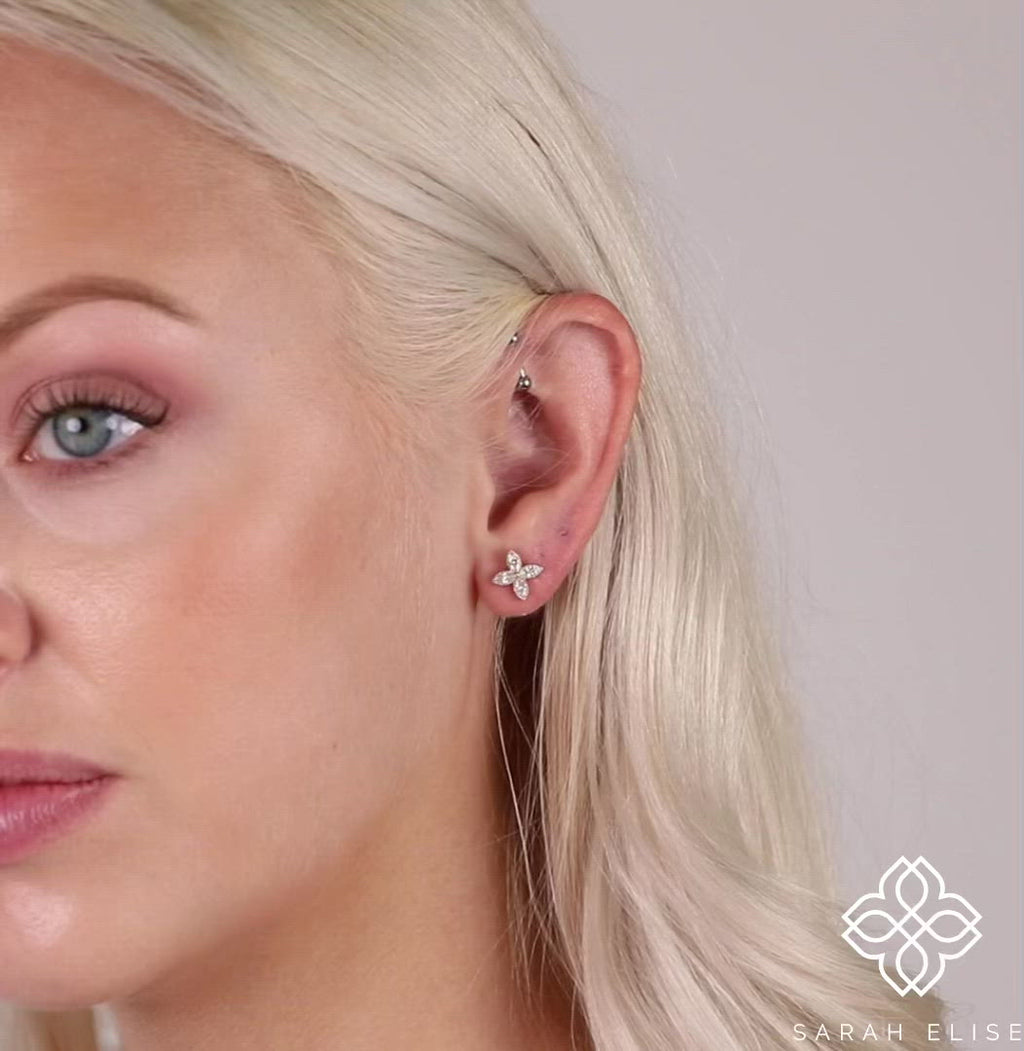 Handmade Diamond Flower Earring Studs in Clover Shape for Her