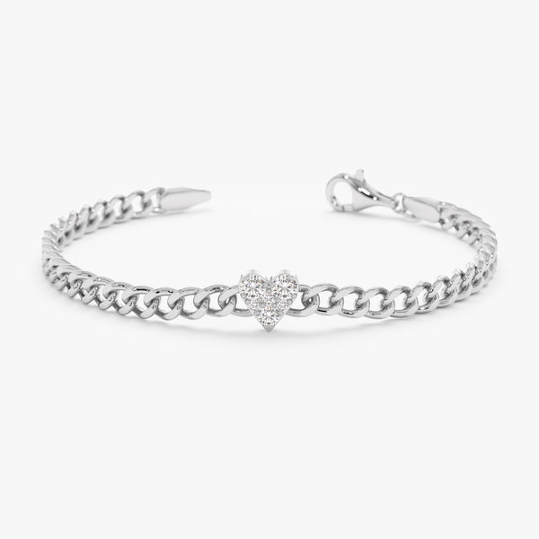 White Gold Diamond Heart Miami Cuban Chain Bracelet