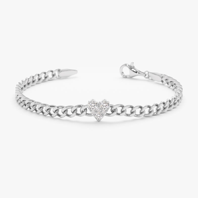 White Gold Diamond Heart Miami Cuban Chain Bracelet