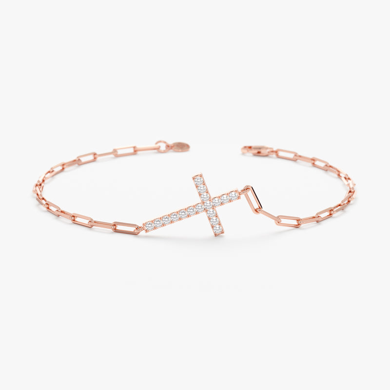 Rose Gold Paperclip Diamond Cross Bracelet